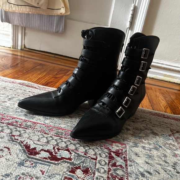 Black Leatherette Buckle Coven StrangeCvlt Boots - Picture 2 of 7